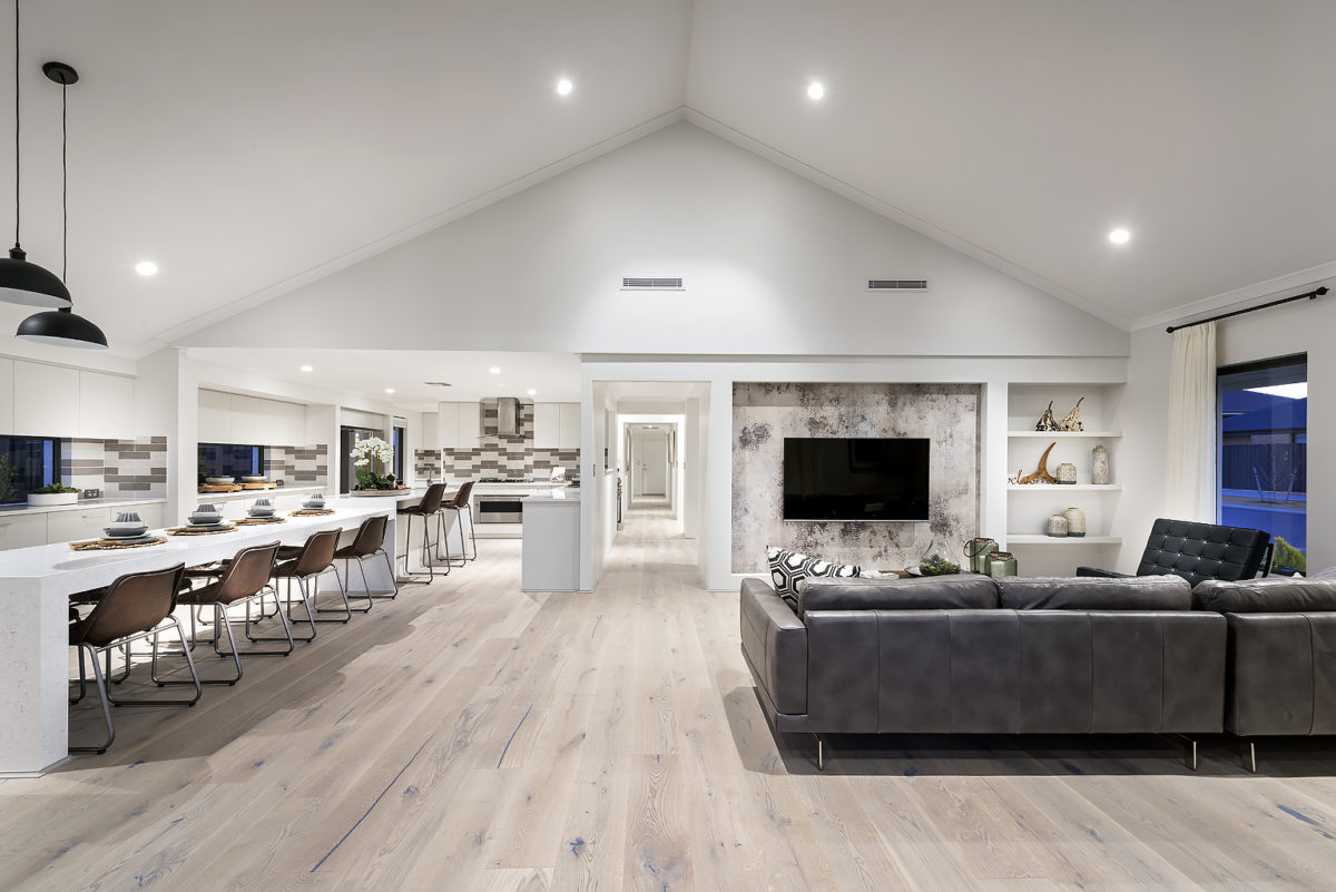 Interior living and dining space of The Colorado, a modern farmhouse design by Plunkett Homes.