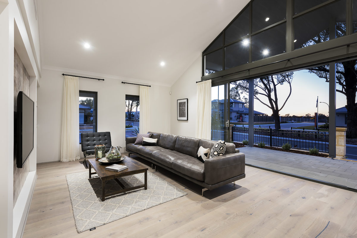 Modern lounge room inside of The Colorado, a modern farmhouse design by Plunkett Homes.